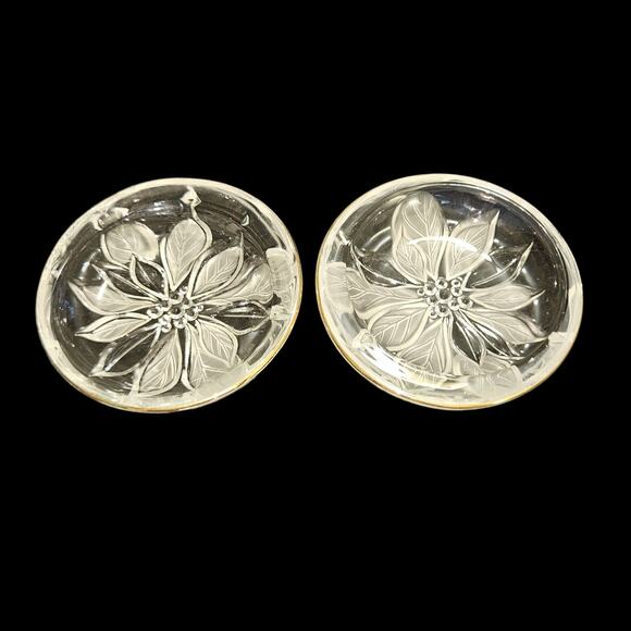Set of 2 Vintage Etched Glass Coasters 5.25" Floral Design Gold Trim Elegant - Picture 1 of 4